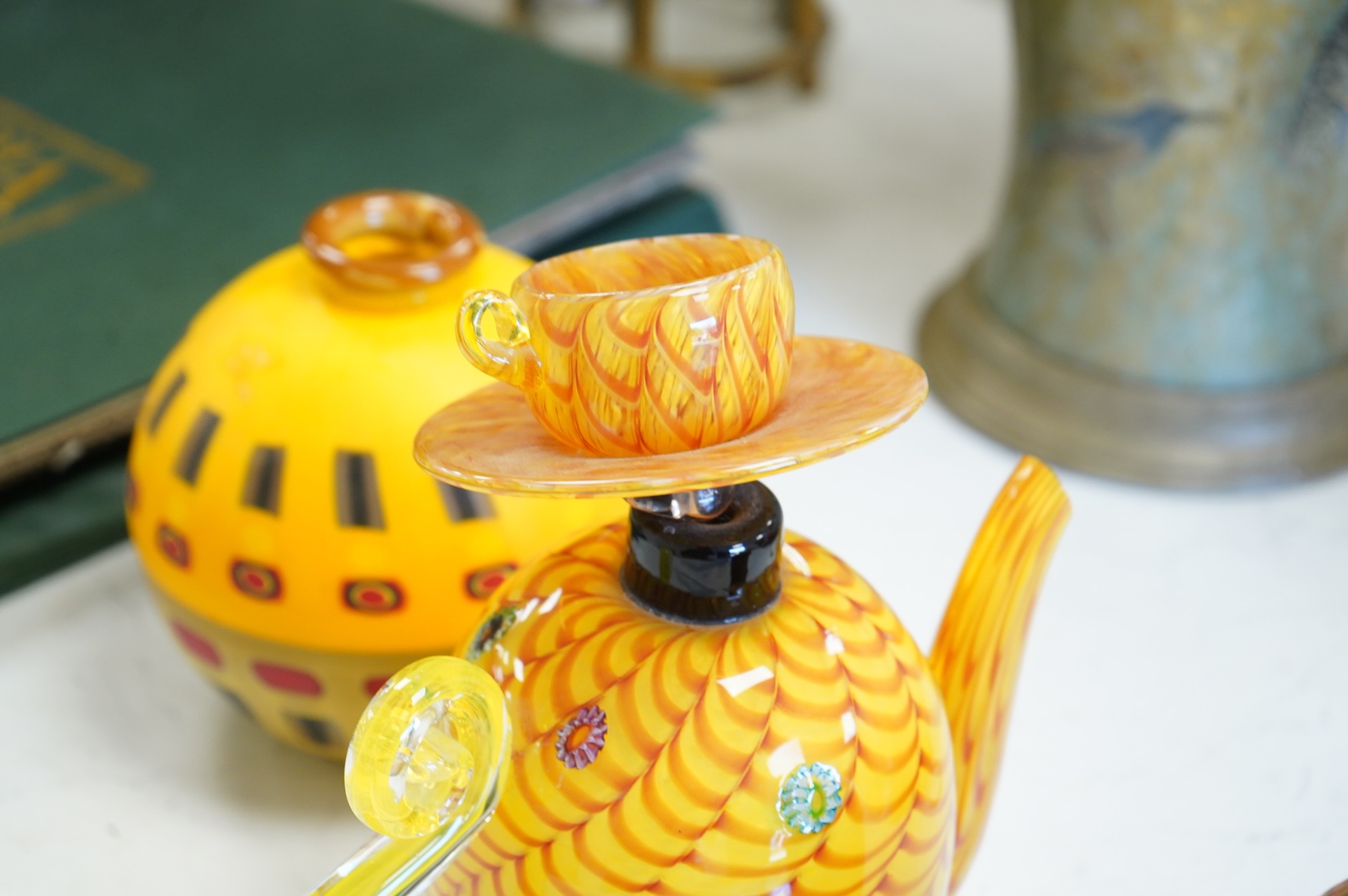 A contemporary glass Kama teapot sculpture - 22cm high and two studio glass vases, one indistinctly signed